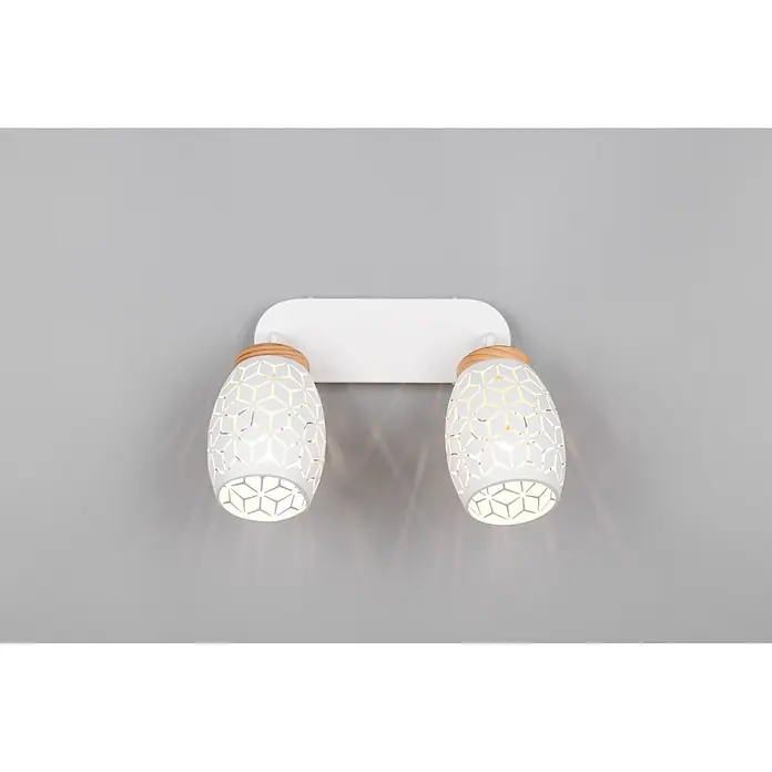 Reality Leuchten Bidar Regleta - 20 W, L x An x Al: 12 x 28 x 27 cm, Blanco, Blanco, E14, 2 ud. - Aplique de pared doble blanco con pantallas de patrón geométrico y detalles de madera, iluminado.