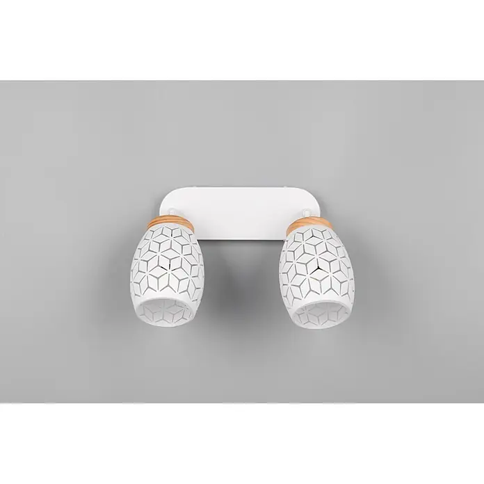 Reality Leuchten Bidar Regleta - 20 W, L x An x Al: 12 x 28 x 27 cm, Blanco, Blanco, E14, 2 ud. - Aplique de pared doble blanco con pantallas de patrón geométrico y tapas de madera.