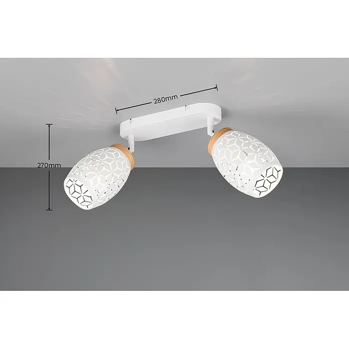Reality Leuchten Bidar Regleta - 20 W, L x An x Al: 12 x 28 x 27 cm, Blanco, Blanco, E14, 2 ud. - Foco de techo blanco con dos luces, detalles de madera y patrón geométrico, 280mm largo, 270mm alto.