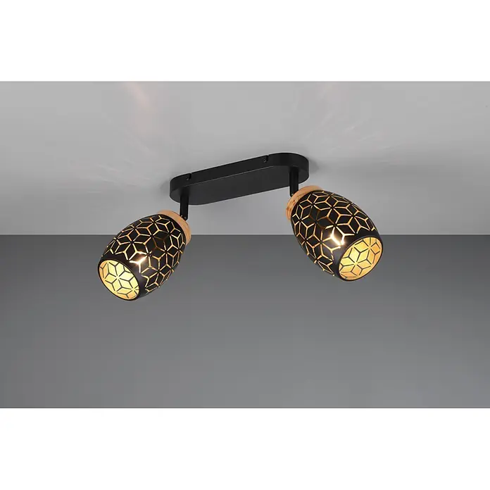Reality Leuchten Bidar Regleta - 20 W, L x An x Al: 12 x 28 x 27 cm, Negro/Oro, Negro/Oro, E14, 2 ud. - Foco de techo negro con dos lámparas, recortes de patrón geométrico dorado y detalles de madera.