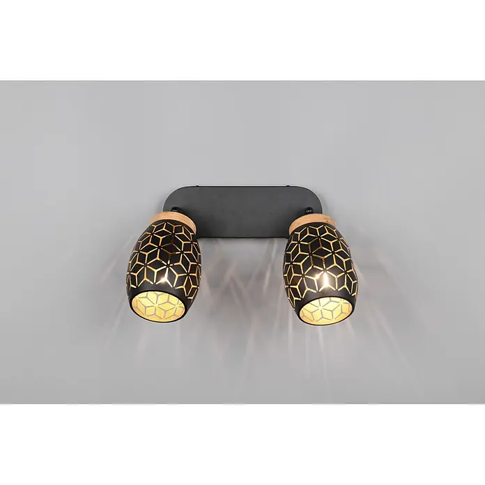 Reality Leuchten Bidar Regleta - 20 W, L x An x Al: 12 x 28 x 27 cm, Negro/Oro, Negro/Oro, E14, 2 ud. - Lámpara de techo negra de dos luces con recortes geométricos y detalles de madera, proyectando patrones luminosos.
