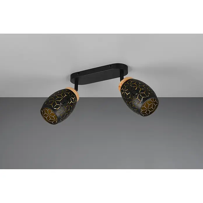 Reality Leuchten Bidar Regleta - 20 W, L x An x Al: 12 x 28 x 27 cm, Negro/Oro, Negro/Oro, E14, 2 ud. - Foco de techo negro de dos luces con pantallas de metal con recortes geométricos y detalles de madera, interior dorado.