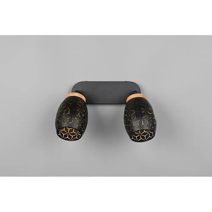 Reality Leuchten Bidar Regleta - 20 W, L x An x Al: 12 x 28 x 27 cm, Negro/Oro, Negro/Oro, E14, 2 ud. - Lámpara de pared de dos luces con pantallas de metal negro perforado y detalles de madera sobre una base rectangular gris oscuro.