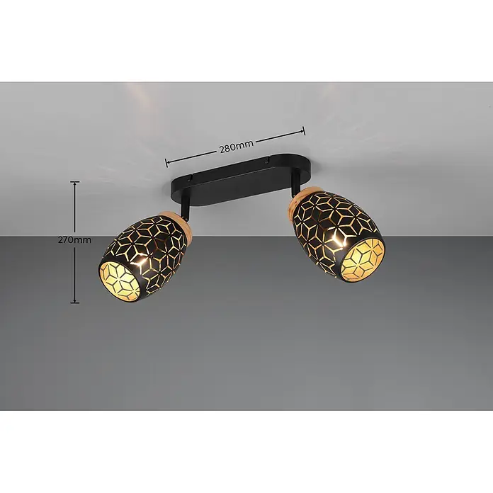 Reality Leuchten Bidar Regleta - 20 W, L x An x Al: 12 x 28 x 27 cm, Negro/Oro, Negro/Oro, E14, 2 ud. - Foco de techo doble negro con pantallas geométricas cortadas a láser y detalles de madera.