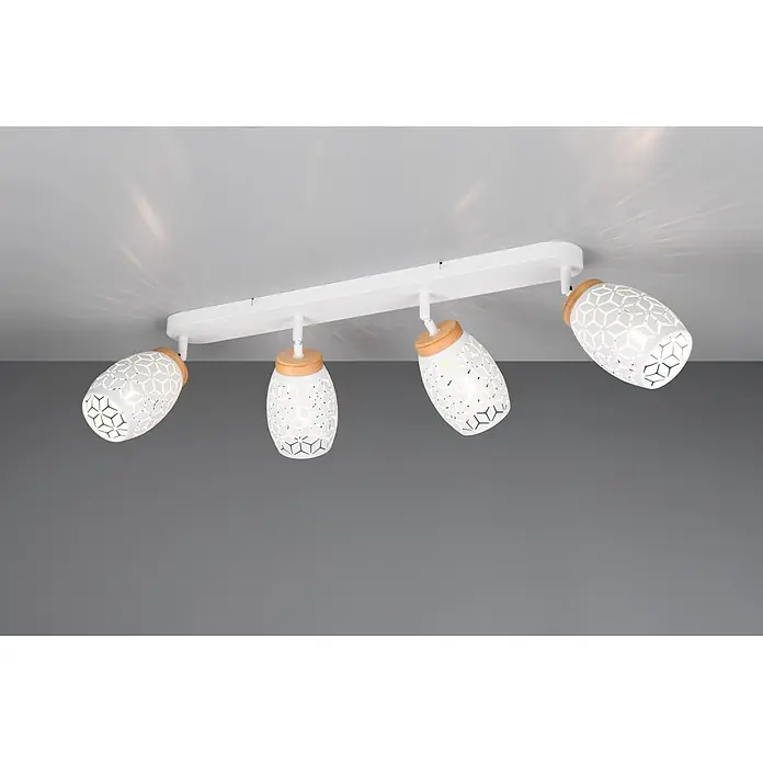 Reality Leuchten Bidar Regleta - 40 W, L x An x Al: 12 x 74 x 27 cm, Blanco, Blanco, E14, 4 ud. - Plafón de techo blanco con cuatro focos ajustables, pantallas con patrón geométrico calado y detalles de madera.