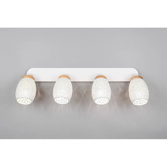Reality Leuchten Bidar Regleta - 40 W, L x An x Al: 12 x 74 x 27 cm, Blanco, Blanco, E14, 4 ud. - Lámpara de techo/pared blanca de cuatro luces con pantallas de metal perforado y detalles de madera natural.
