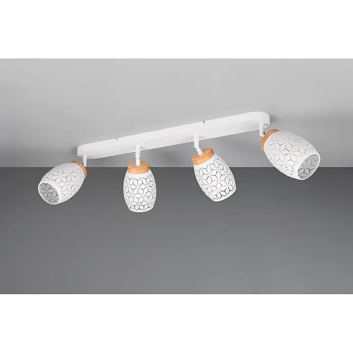 Reality Leuchten Bidar Regleta - 40 W, L x An x Al: 12 x 74 x 27 cm, Blanco, Blanco, E14, 4 ud. - Foco de techo blanco de cuatro luces con detalles de madera clara. Cada foco tiene una pantalla blanca con un patrón geométrico calado.