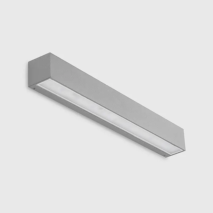 Lucande Außenwandleuchte Lengo - alu / grau / zink, IP65 - Graue rechteckige wandmontierte LED-Linearleuchte mit diffusem Lichtstreifen.