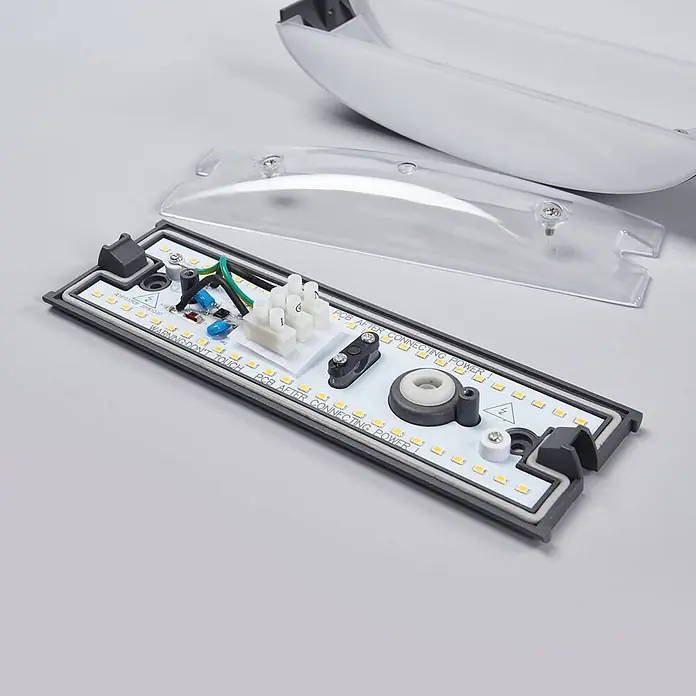 Lucande LED Wandleuchte aussen in anthrazit, weiß satiniert, up down -  - Geöffnete LED-Leuchte zeigt eine weiße Platine mit gelben LEDs, Verkabelung, Anschlüssen und einer klaren Kunststoffabdeckung.