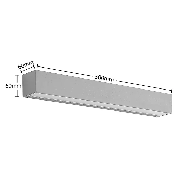 Lucande Außenwandleuchte Lengo - alu / grau / zink, IP65 - Graue lineare LED-Leuchte, 500 mm lang, 60 mm hoch und 60 mm tief.
