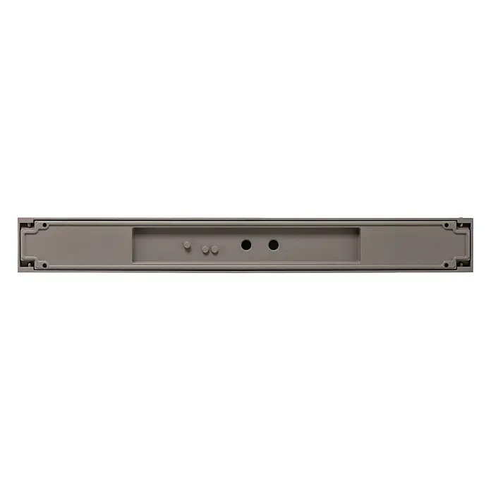 Arcchio LED Wandleuchte aussen in grau, Aussenlampe Wand -  - Graue rechteckige Blende mit vertieftem Mittelbereich, drei kleinen runden Noppen und zwei großen runden Port-Aussparungen, mit Eckschrauben befestigt.