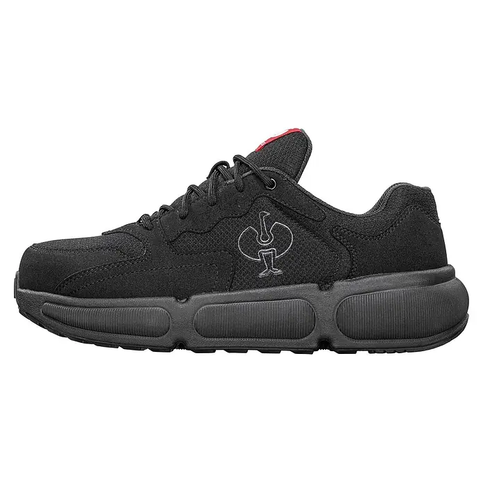 Engelbert Strauss Sicherheitshalbschuh S1 - 43, Herren, Schwarz - Schwarzer Sicherheitsschuh mit Mesh- und Wildleder-ähnlichen Einsätzen, rotem Zungendetail und dicker gerippter Sohle.