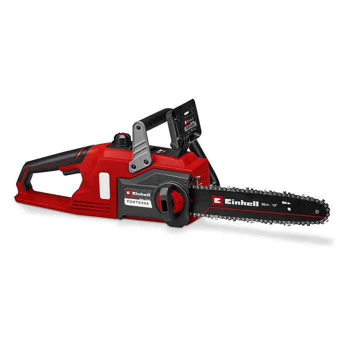 Einhell PXC 18V Akku-Kettensägen-Set Fortexxa 18/30 - 18 V, 4 Ah - 8 Ah, Anzahl Akkus: 1 Akku, Schwertlänge: 300 cm - Eine rot-schwarze Akku-Kettensäge mit sichtbarer Kette und Führungsschiene.