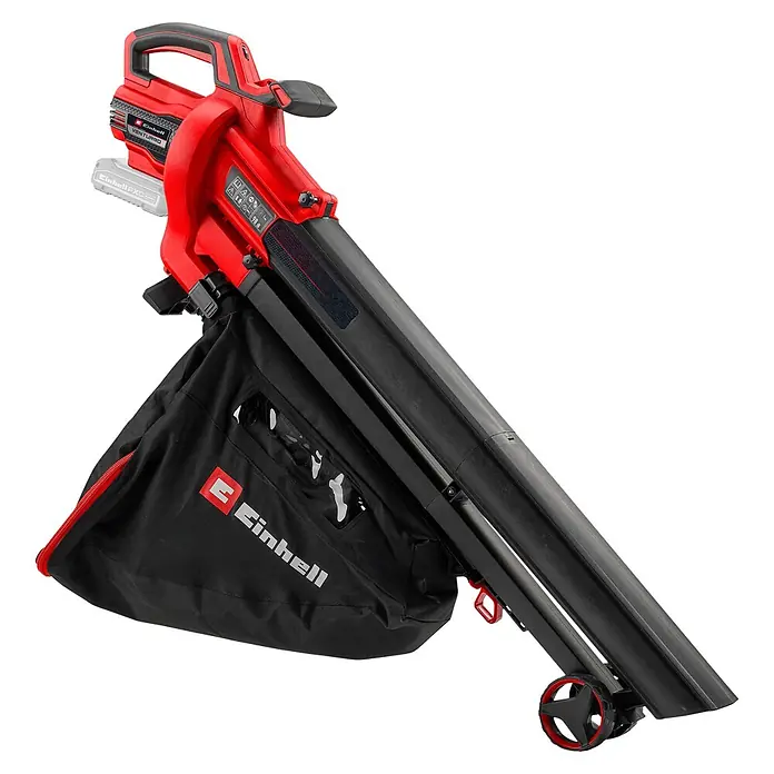 Einhell PXC 18V Akku-Laubsauger Venturro 18/210 - Akkuspannung: 18 V, Ohne Akku, 3 Ah - 8 Ah, Blasgeschwindigkeit: 210 km/h - Rotes und schwarzes Einhell VENTURRO Akku-Laubgebläse/-sauger mit Fangbeutel und Rollen.