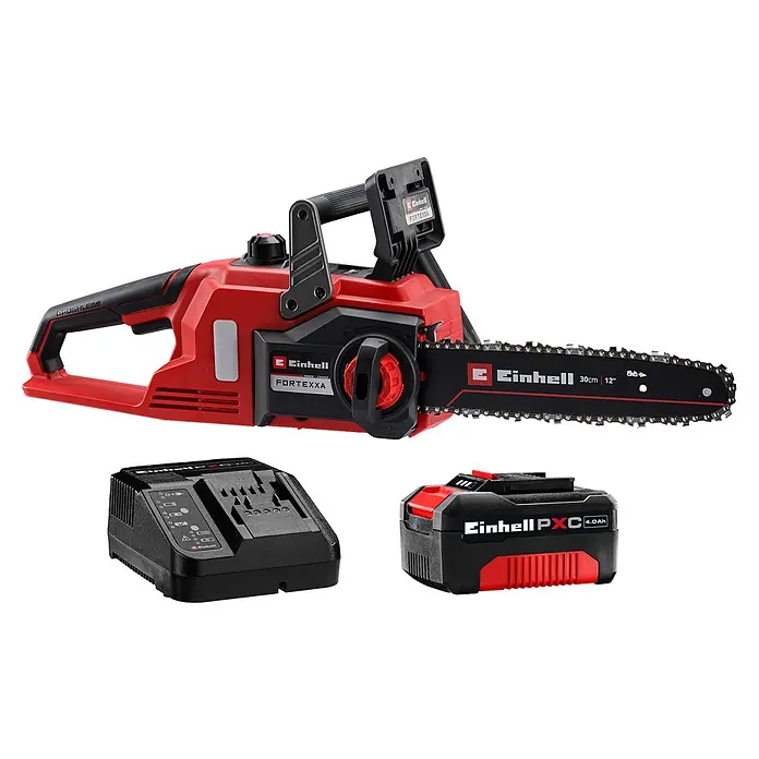 Einhell PXC 18V Akku-Kettensägen-Set Fortexxa 18/30 - 18 V, 4 Ah - 8 Ah, Anzahl Akkus: 1 Akku, Schwertlänge: 300 cm - Rotes und schwarzes Akku-Kettensägen-Set mit Akku und Ladegerät für leistungsstarke Sägearbeiten.
