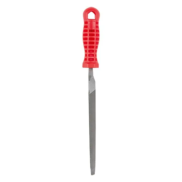 Wisent Dreikant-Sägefeile - Normal, Hieb: 2/Mittel, Länge Feilenblatt: 150 mm - Nahaufnahme einer Schlüsselfeile mit rotem Griff, ein Werkzeug zum präzisen Bearbeiten von Metall und anderen Materialien.