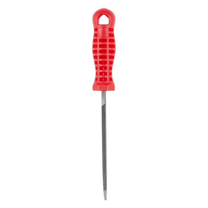 Wisent Dreikant-Sägefeile - Extra dünn, Hieb: 2/Mittel, Länge Feilenblatt: 125 mm - Detailaufnahme einer Schlüsselfeile mit rotem Griff, ideal für präzise Feilarbeiten.