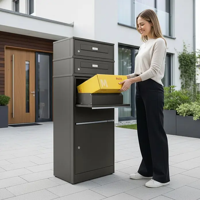 Metzler Paketbox 2 BRFK BISPO RE - L x B x H: 37,4 x 50,3 x 130,3 cm, Eisenglimmer, Stahl, Paketfach, Mit 2 Briefkastenfächern und Namensschildern - Eine Frau entnimmt ein gelbes Paket aus einer dunkelgrauen Paketbox mit mehreren Fächern.
