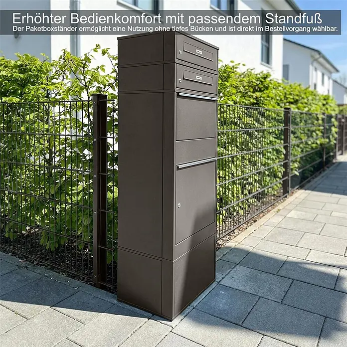Metzler Paketbox 2 BRFK BISPO RE - L x B x H: 37,4 x 50,3 x 130,3 cm, Eisenglimmer, Stahl, Paketfach, Mit 2 Briefkastenfächern und Namensschildern - Dunkelgrauer Paketboxständer im Außenbereich, erhöht für komfortable, rückenschonende Nutzung.