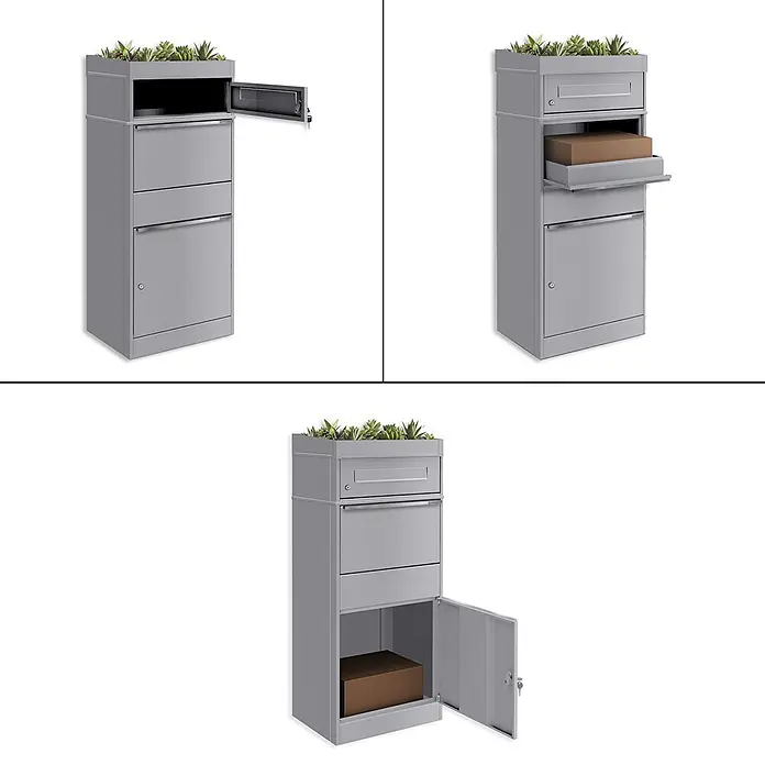 Metzler Paketbox BRFK PD BISPO - L x B x H: 37,4 x 50,3 x 119,9 cm, Graualuminium, Stahl, Paketfach, Mit Pflanzdach - Grauer Metall-Paketkasten mit integriertem Pflanzgefäß, geöffnet für Post- und Paketlieferung.