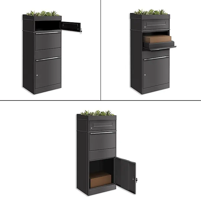 Metzler Paketbox BRFK PD BISPO - L x B x H: 37,4 x 50,3 x 119,9 cm, Eisenglimmer, Stahl, Paketfach, Mit Pflanzdach - Dunkelgrauer Metall-Paketbriefkasten mit Pflanzgefäß oben. Mehrere Ansichten zeigen offenen Briefschlitz, Paketfach und sicheren Stauraum für Lieferungen.