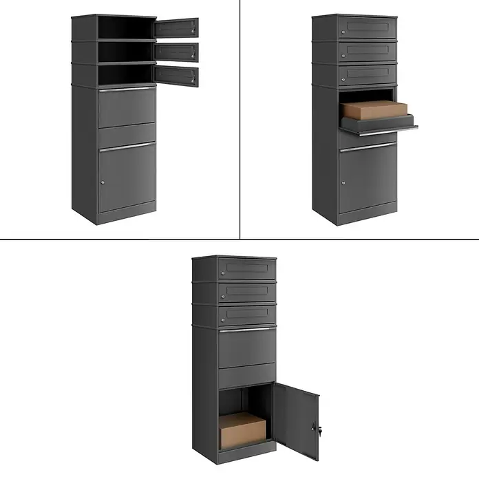 Metzler Paketbox 3 BRFK BISPO - L x B x H: 37,4 x 50,3 x 147,7 cm, Eisenglimmer, Stahl, Paketfach, 3 Briefkastenfächer - Dunkelgrauer Paketbriefkasten mit mehreren Fächern, offen gezeigt mit Post- und Paketfächern.