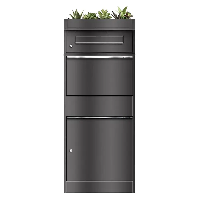 Metzler Paketbox BRFK PD BISPO - L x B x H: 37,4 x 50,3 x 119,9 cm, Eisenglimmer, Stahl, Paketfach, Mit Pflanzdach - Moderner anthrazitfarbener Briefkasten mit integriertem Pflanzgefäß und Sukkulenten, Briefschlitz und Schlössern, Marke METZLER.