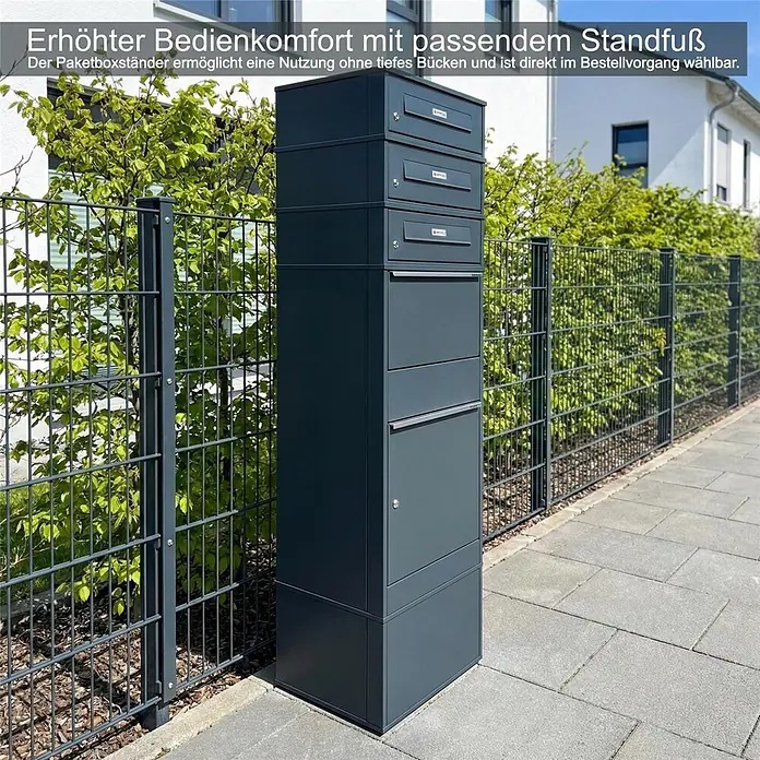 Metzler Paketbox 3 BRFK BISPO - L x B x H: 37,4 x 50,3 x 147,7 cm, Anthrazit, Stahl, Paketfach, 3 Briefkastenfächer - Hoher, dunkelgrauer Paketboxständer mit mehreren Fächern, für bequemen Zugang im Außenbereich ohne Bücken.