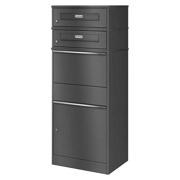 Metzler Paketbox 2 BRFK BISPO RE - L x B x H: 37,4 x 50,3 x 130,3 cm, Eisenglimmer, Stahl, Paketfach, Mit 2 Briefkastenfächern und Namensschildern - Dunkelgraues Metall-Mehrfachbriefkastensystem mit METZLER-Logo für Post und Pakete.