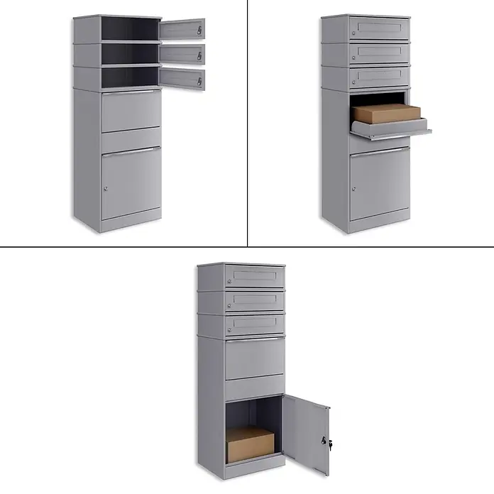 Metzler Paketbox 3 BRFK BISPO - L x B x H: 37,4 x 50,3 x 147,7 cm, Graualuminium, Stahl, Paketfach, 3 Briefkastenfächer - Grauer Metall-Paketkasten mit drei Briefschlitzen, einer Auszugsschublade und einem unteren Fach zur Entnahme.