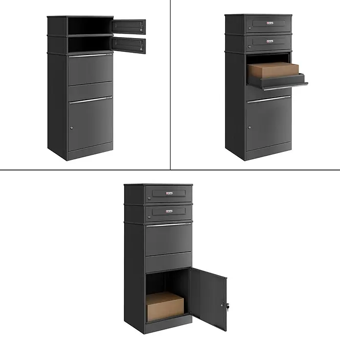 Metzler Paketbox 2 BRFK BISPO RE - L x B x H: 37,4 x 50,3 x 130,3 cm, Eisenglimmer, Stahl, Paketfach, Mit 2 Briefkastenfächern und Namensschildern - Dunkelgrauer Metall-Paketbriefkasten mit Briefschlitzen, Paketablage und Entnahmetür.