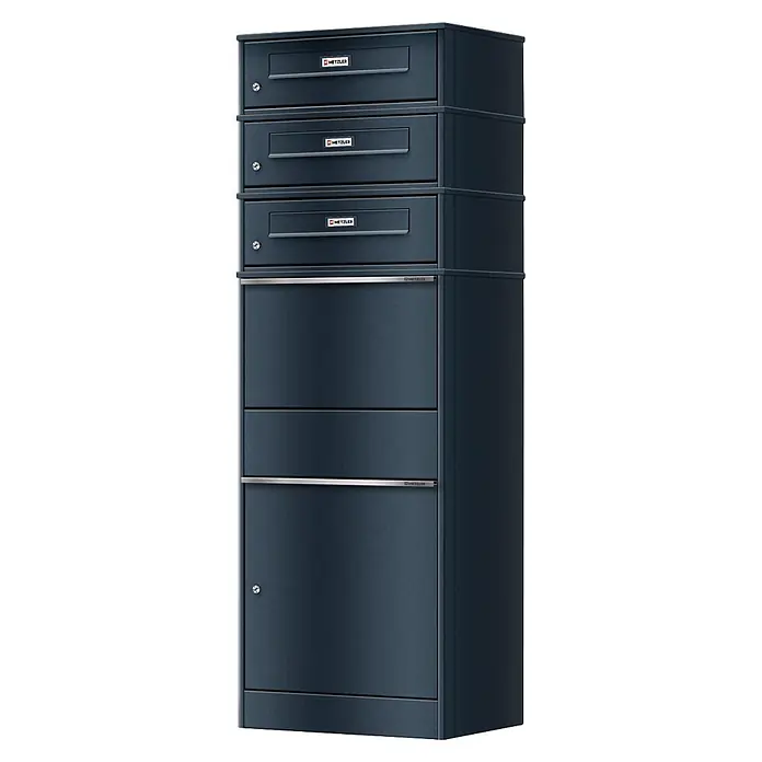 Metzler Paketbox 3 BRFK BISPO RE - L x B x H: 37,4 x 50,3 x 147,7 cm, Anthrazit, Stahl, Paketfach, 3 Briefkastenfächer und Namensschildern - Dunkelgraue Mehrfachbriefkastenanlage mit mehreren Einwurfschlitzen und unteren Fächern, für Wohnungen oder Büros.