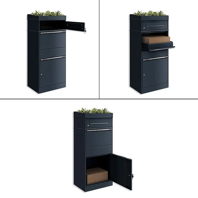 Metzler Paketbox BRFK PD BISPO - L x B x H: 37,4 x 50,3 x 119,9 cm, Anthrazit, Stahl, Paketfach, Mit Pflanzdach - Anthrazitfarbener Paketbriefkasten mit Pflanzgefäß. Drei Ansichten zeigen offene Postöffnung, Paketfach und Entnahmetür, mit Karton.