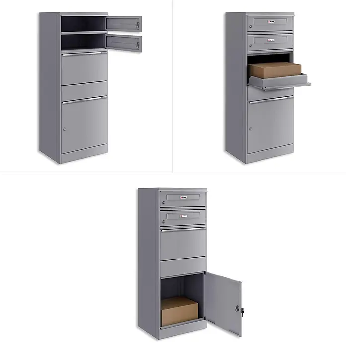 Metzler Paketbox 2 BRFK BISPO RE - L x B x H: 37,4 x 50,3 x 130,3 cm, Graualuminium, Stahl, Paketfach, Mit 2 Briefkastenfächern und Namensschildern - Grauer Metallbriefkasten für sichere Post- und Paketlieferung.