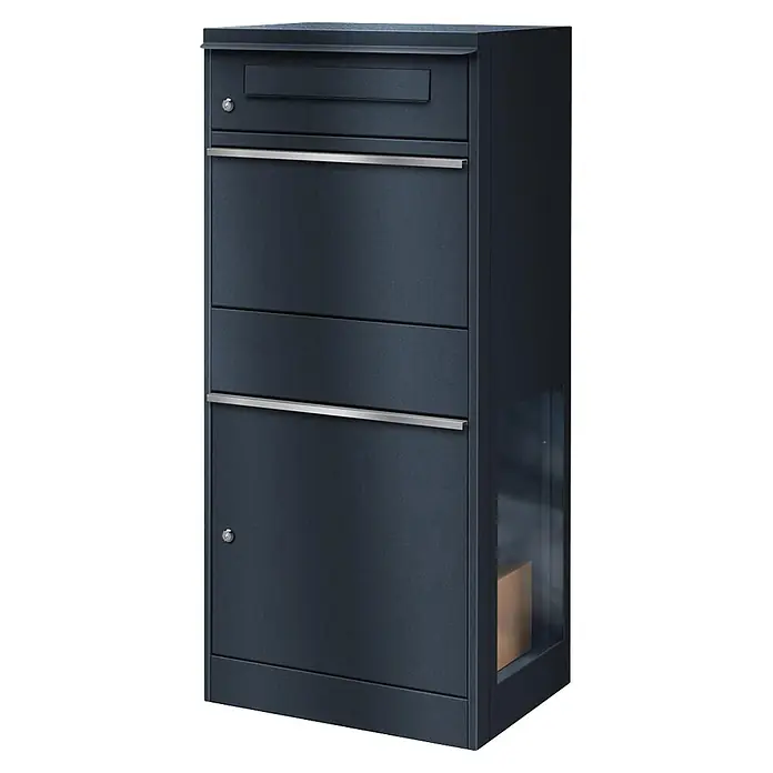 Metzler Paketbox BRFK BISPO SF - L x B x H: 37 x 50,2 x 112 cm, Anthrazit, Stahl, Paketfach, Mit Seitenfenster - Dunkelgrauer Paketbriefkasten aus Metall mit Einwurfschlitz, zwei silbernen Leisten und einer Seitenverglasung mit Paket. Mit Schlössern.