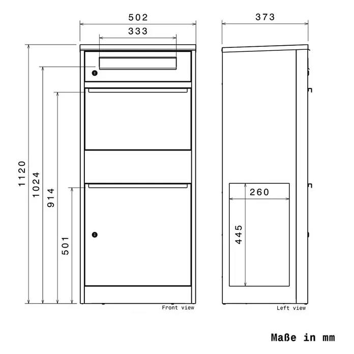 Metzler Paketbox BRFK BISPO SF - L x B x H: 37 x 50,2 x 112 cm, Anthrazit, Stahl, Paketfach, Mit Seitenfenster - Technische Zeichnung eines hohen, rechteckigen Briefkastens mit Vorder- und Seitenansicht, alle Hauptmaße in Millimetern.