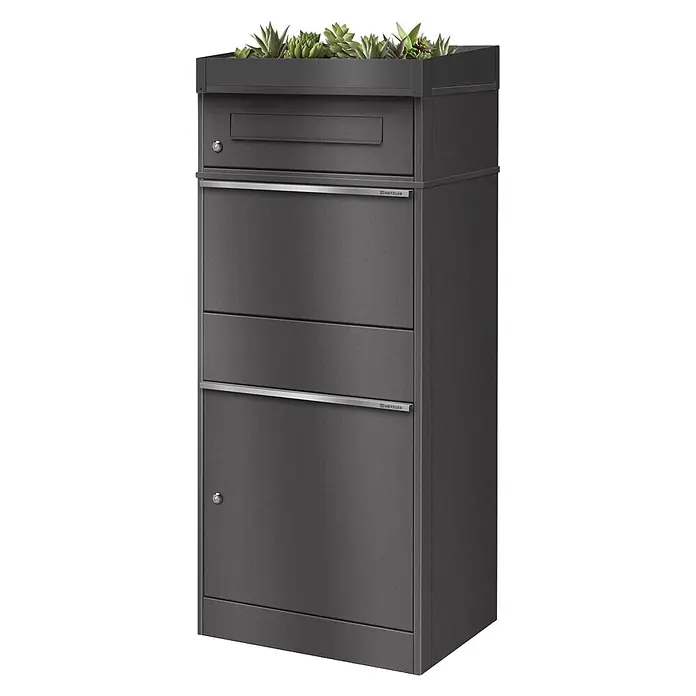 Metzler Paketbox BRFK PD BISPO - L x B x H: 37,4 x 50,3 x 119,9 cm, Eisenglimmer, Stahl, Paketfach, Mit Pflanzdach - Anthrazitfarbene Paketbox mit Pflanzfach, Briefschlitz und mehreren Fächern. Mit "METZLER" Beschriftung.