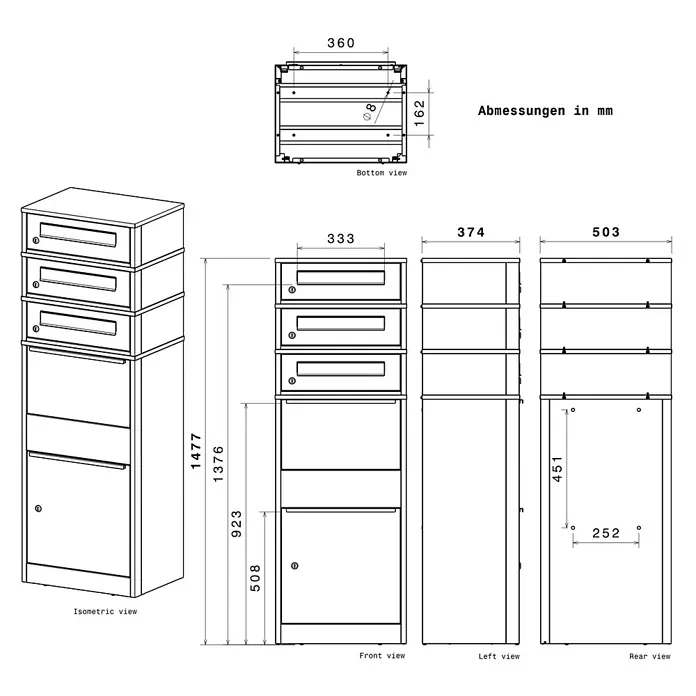 Metzler Paketbox 3 BRFK BISPO - L x B x H: 37,4 x 50,3 x 147,7 cm, Anthrazit, Stahl, Paketfach, 3 Briefkastenfächer - Technische Zeichnung eines Mehrfachbriefkastensystems mit Maßen.