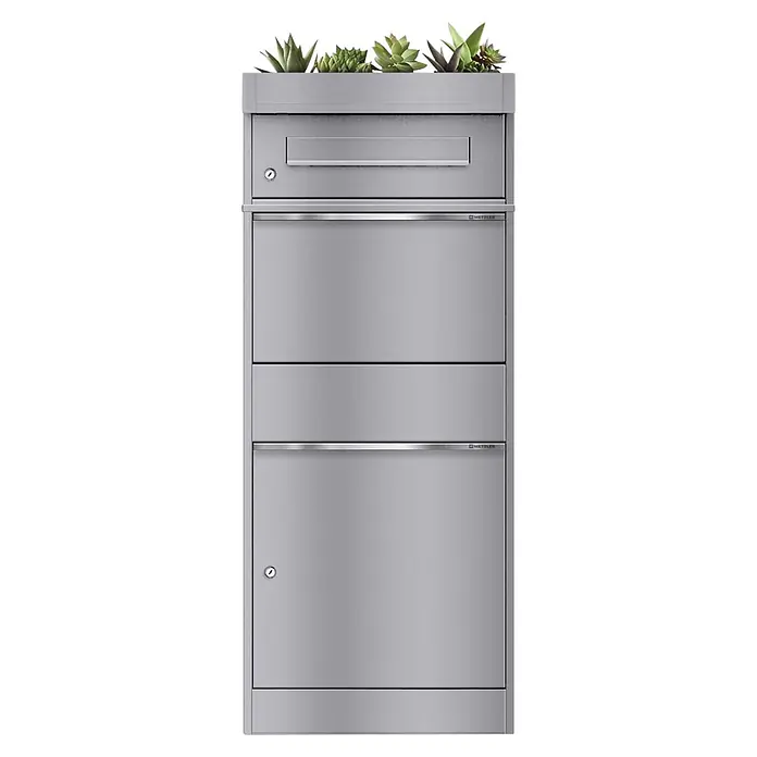 Metzler Paketbox BRFK PD BISPO - L x B x H: 37,4 x 50,3 x 119,9 cm, Graualuminium, Stahl, Paketfach, Mit Pflanzdach - Silberner Metall-Paketbriefkasten mit integriertem Sukkulenten-Pflanzgefäß, Einwurfschlitz, Schloss und mehreren Fächern. Mit 'METZLER'-Logo.