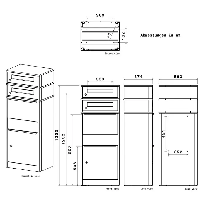 Metzler Paketbox 2 BRFK BISPO RE - L x B x H: 37,4 x 50,3 x 130,3 cm, Anthrazit, Stahl, Namensschild, Mit 2 Briefkastenfächern und Namensschildern - Technische Zeichnung einer Mehrfach-Briefkasten- und Paketbox-Einheit mit Abmessungen in Millimetern.