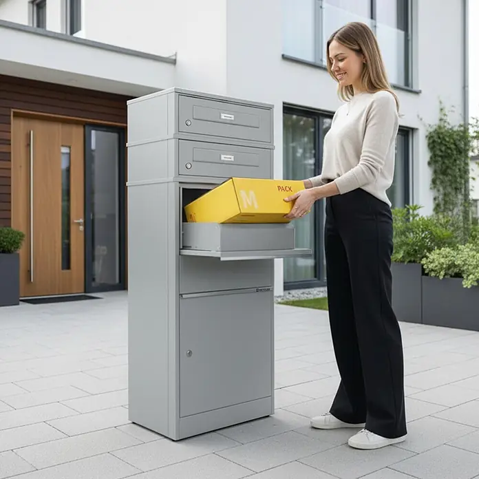 Metzler Paketbox 2 BRFK BISPO RE - L x B x H: 37,4 x 50,3 x 130,3 cm, Graualuminium, Stahl, Paketfach, Mit 2 Briefkastenfächern und Namensschildern - Grauer Paketkasten mit integrierten Briefkästen, eine Frau legt ein gelbes Paket ein.