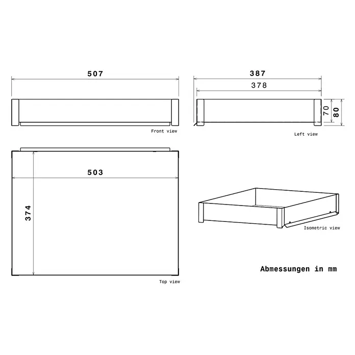Metzler Paketbox BRFK PD BISPO - L x B x H: 37,4 x 50,3 x 119,9 cm, Anthrazit, Stahl, Paketfach, Mit Pflanzdach - Technisches Zeichnung einer Schublade mit Vorder-, Ober-, Seiten- und isometrischer Ansicht sowie Maßen in Millimetern.