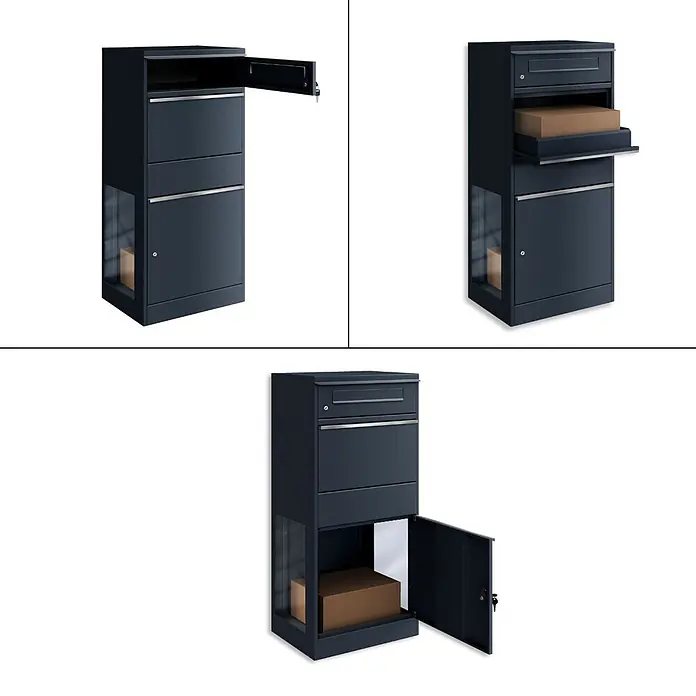 Metzler Paketbox BRFK BISPO SF - L x B x H: 37 x 50,2 x 112 cm, Anthrazit, Stahl, Paketfach, Mit Seitenfenster - Dunkelgrauer Metall-Paketbriefkasten mit Briefschlitz, Paketeinwurf und Entnahmetür, zeigt Pakete innen.