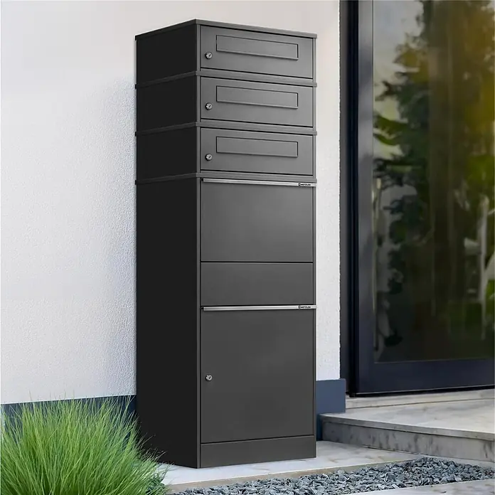 Metzler Paketbox 3 BRFK BISPO - L x B x H: 37,4 x 50,3 x 147,7 cm, Eisenglimmer, Stahl, Paketfach, 3 Briefkastenfächer - Anthrazitfarbenes Metall-Brief- und Paketkastensystem mit mehreren Fächern, wandmontiert für moderne Hauszustellung.