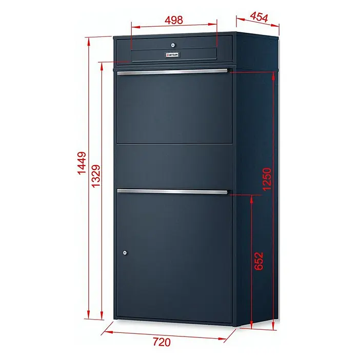 Metzler Paketbox XL BRFK MAX RE - L x B x H: 45,4 x 72 x 145 cm, Anthrazit, Stahl, Paketfach - Hoher, dunkelgrauer Mehrfach-Paketbriefkasten mit integriertem Briefschlitz und Maßangaben.