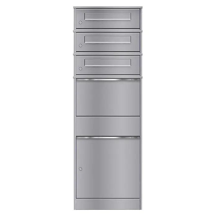 Metzler Paketbox 3 BRFK BISPO - L x B x H: 37,4 x 50,3 x 147,7 cm, Graualuminium, Stahl, Paketfach, 3 Briefkastenfächer - Silbergraues Metall-Mehrfachbriefkastensystem mit mehreren Einwurfschlitzen und abschließbaren Fächern.