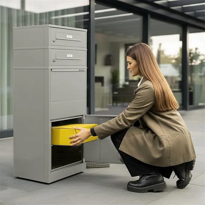 Metzler Paketbox 2 BRFK BISPO RE - L x B x H: 37,4 x 50,3 x 130,3 cm, Graualuminium, Stahl, Paketfach, Mit 2 Briefkastenfächern und Namensschildern - Graues Mehrfach-Paketbriefkastensystem, eine Frau legt ein gelbes Paket in das untere Fach im Außenbereich.