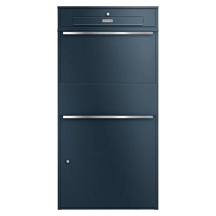 Metzler Paketbox XL BRFK MAX RE - L x B x H: 45,4 x 72 x 145 cm, Anthrazit, Stahl, Paketfach - Anthrazitfarbener METZLER Paketkasten mit Briefschlitz, mehreren Fächern und gebürsteten silbernen horizontalen Akzenten.