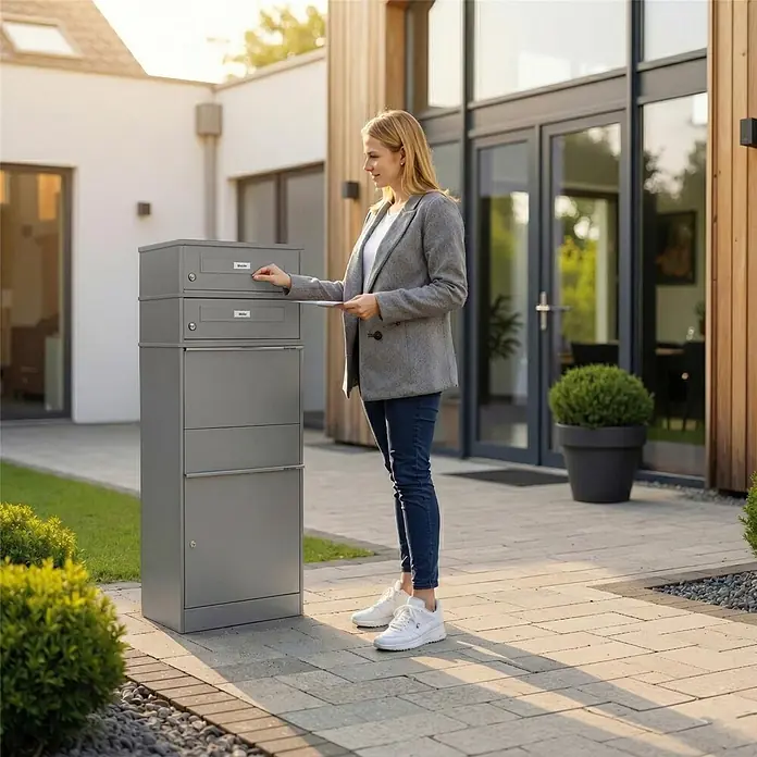 Metzler Paketbox 2 BRFK BISPO RE - L x B x H: 37,4 x 50,3 x 130,3 cm, Graualuminium, Stahl, Paketfach, Mit 2 Briefkastenfächern und Namensschildern - Ein hoher, grauer Paketbriefkasten mit mehreren Fächern vor einem modernen Haus. Eine Frau legt Post in das obere Fach.