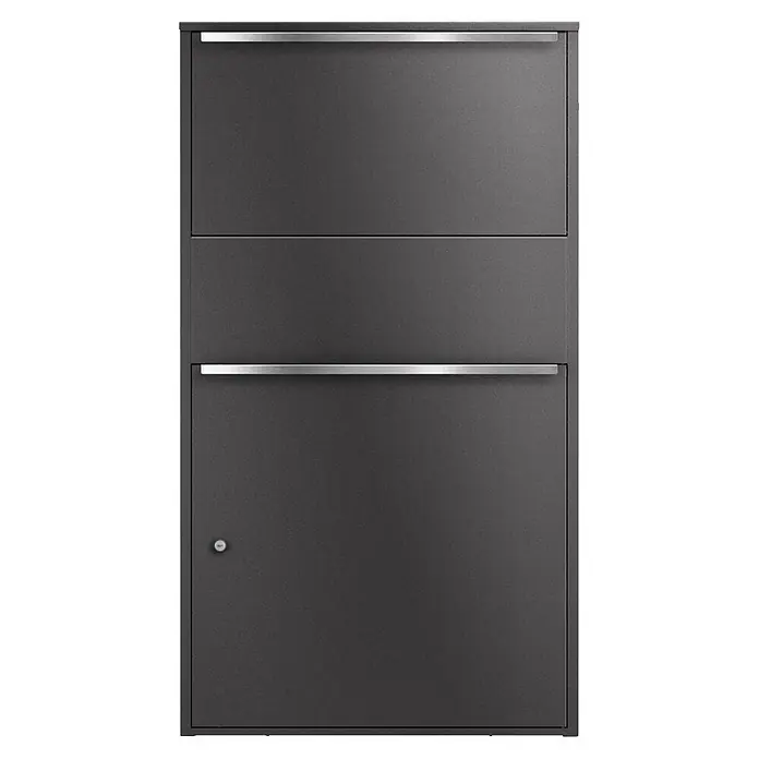 Metzler Paketbox XL BISPO MAX - L x B x H: 45,4 x 72 x 128,5 cm, Eisenglimmer, Stahl, Paketfach - Moderner dunkelgrauer Ablageschrank mit zwei silbernen Griffen und Schlüsselloch.